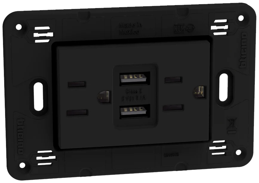 Tomacorriente Dúplex 2P+T con protección infantil 15A, 125V~ con 2 cargadores USB A+A 3.1A- 5Vcd, 3 mod. Negro Mate 1301662