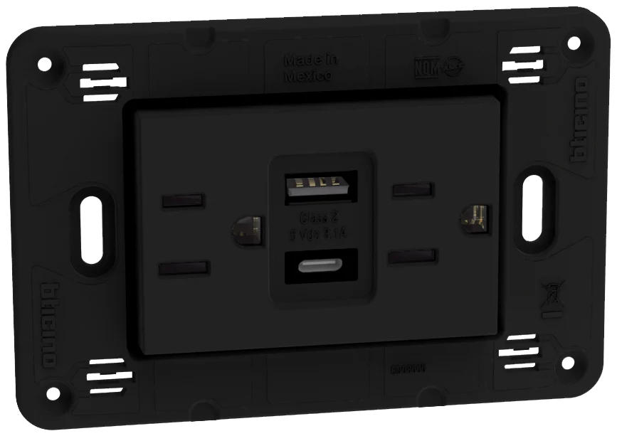 Tomacorriente Dúplex 2P +T con protección infantil  15A, 125V~ con 2 cargadores USB A+C 3.1A- 5Vcd, 3 mod. Negro Mate 1301663