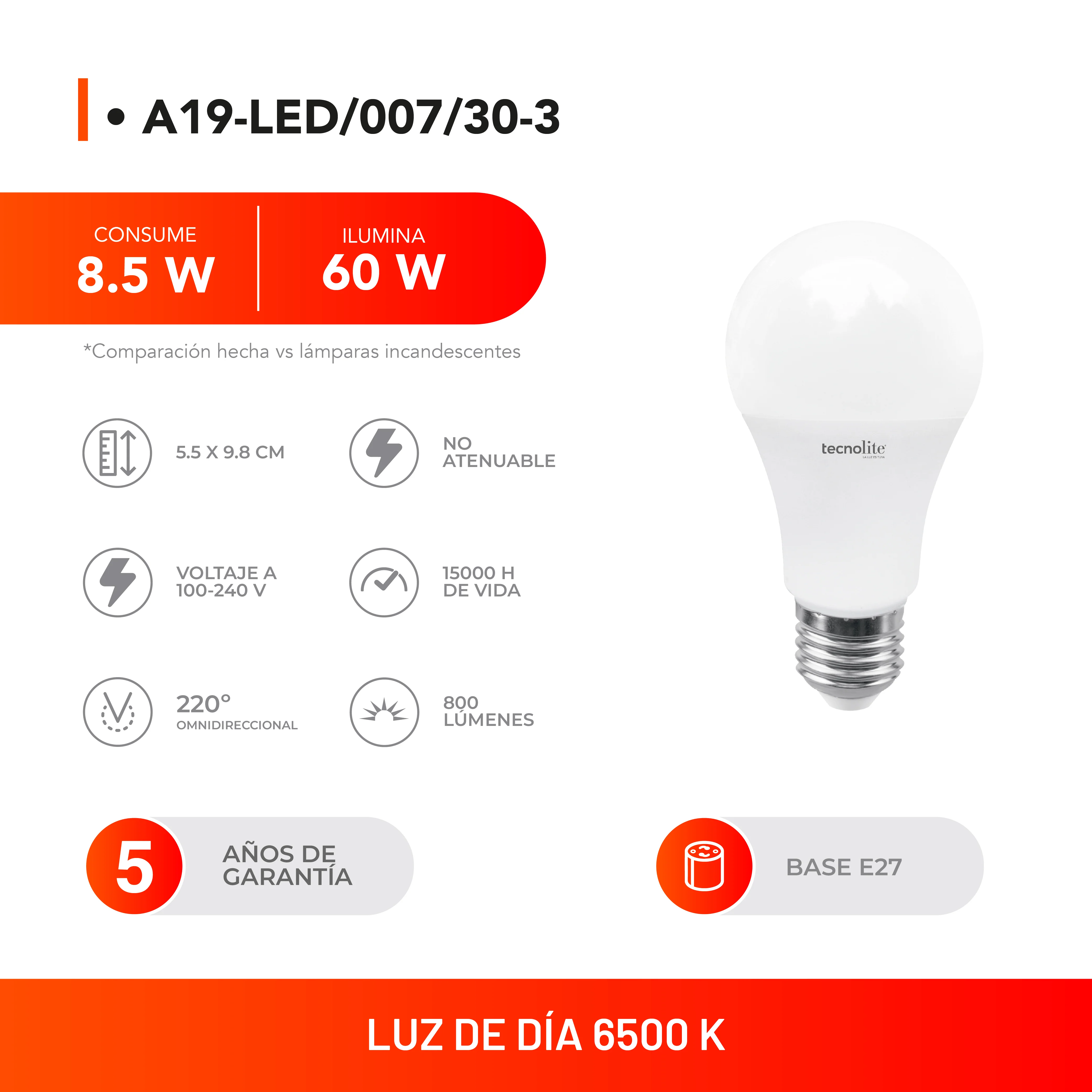 Paquete De 3 Lámparas Led A19 8.5W Ef7192 - Image 6